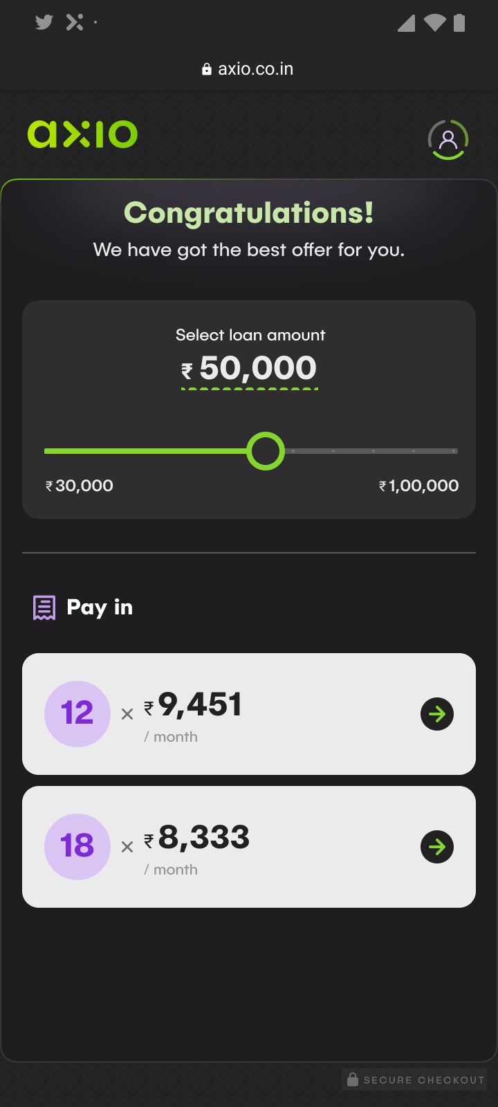 The loan amount screen with a slider and the monthly instalment for each tenure.