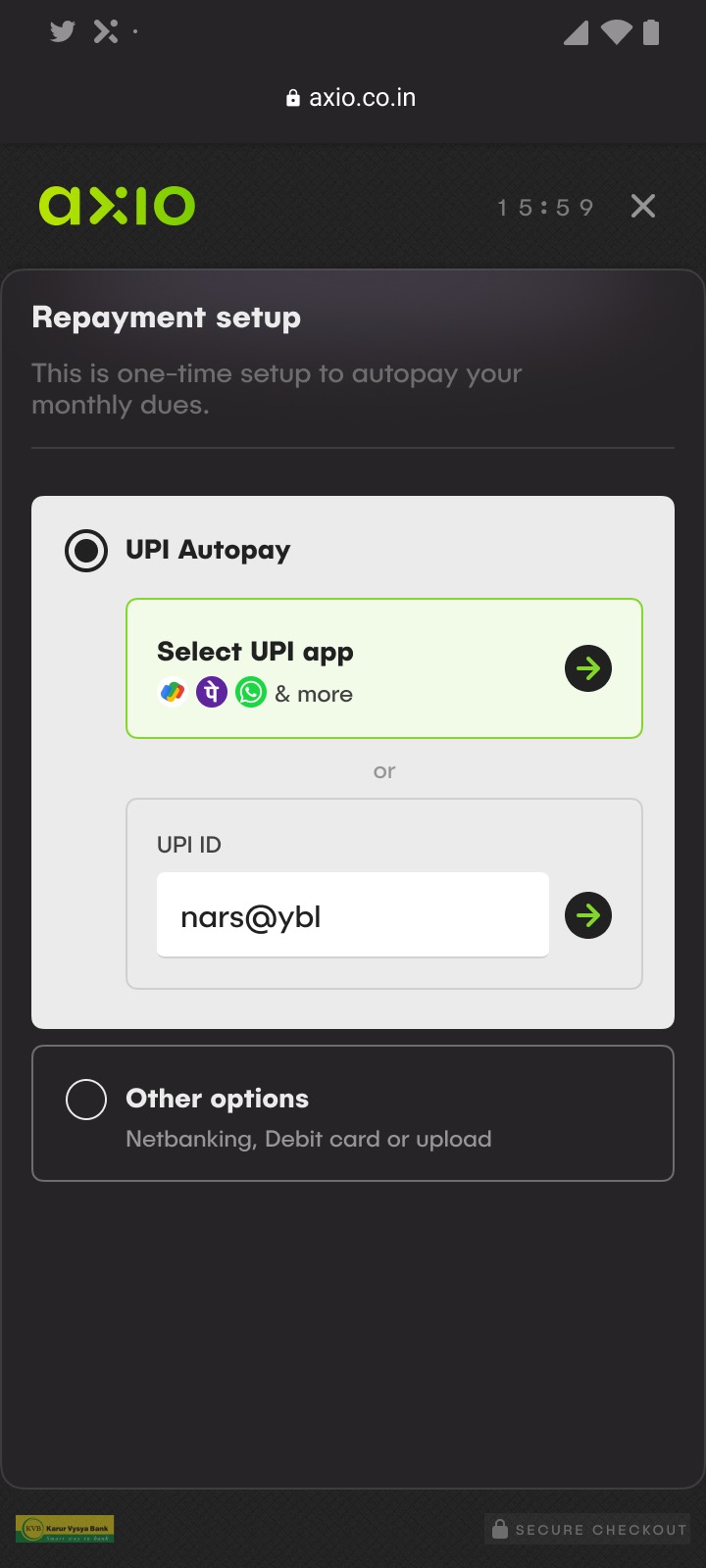 The UPI autopay setup with app selection and UPI ID entry.