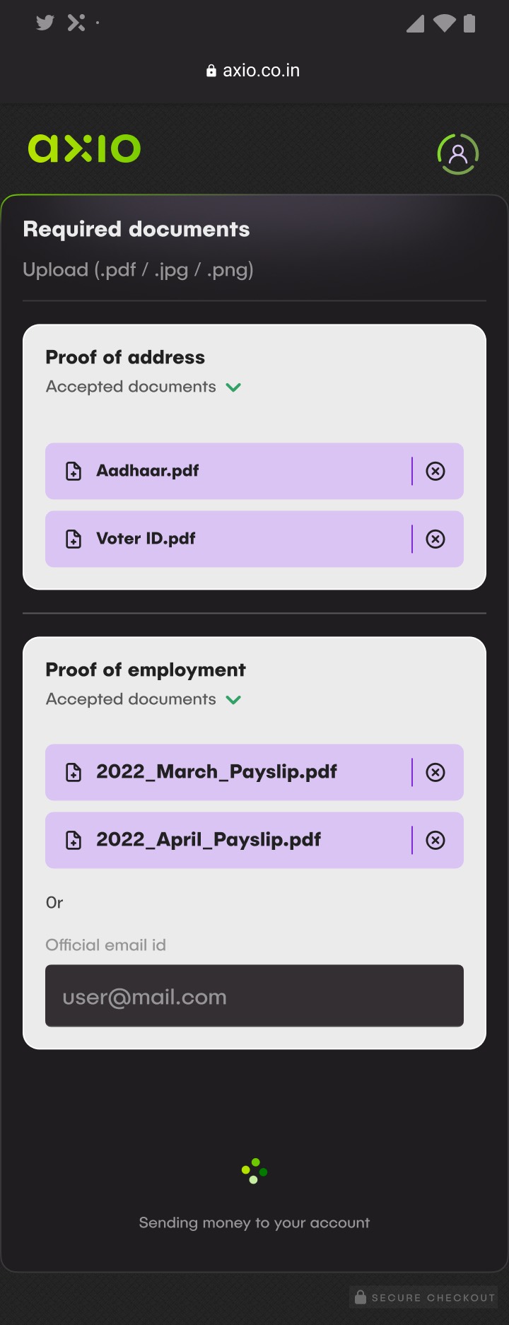 The document upload screen listing accepted proofs of address and employment.