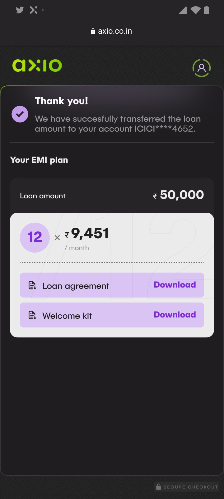 The confirmation screen showing the full EMI plan and downloadable agreement.