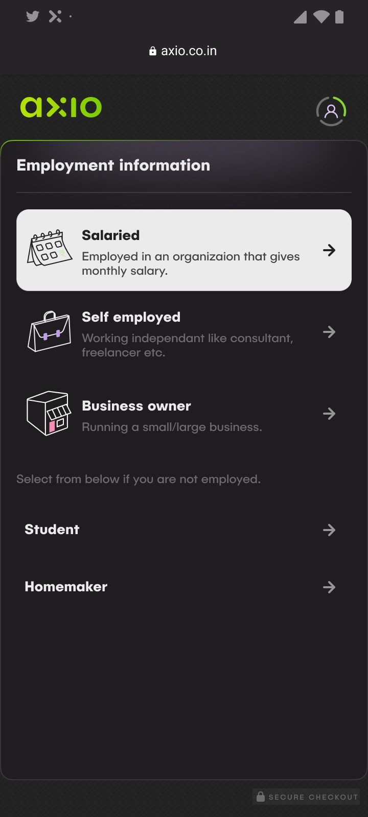 Employment type selection: salaried, self employed, business owner, student or homemaker.