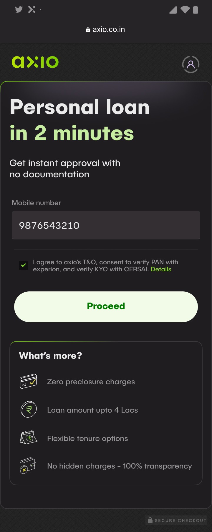 The loan entry screen listing zero disclosure charges, the maximum amount, tenure options and no hidden charges.