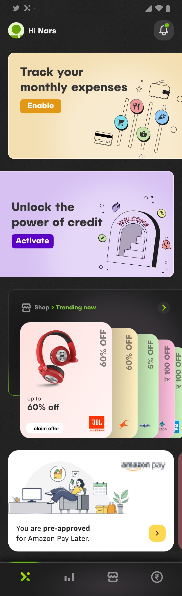 The Axio home screen before credit is activated, showing expense tracking above an invitation to unlock credit.