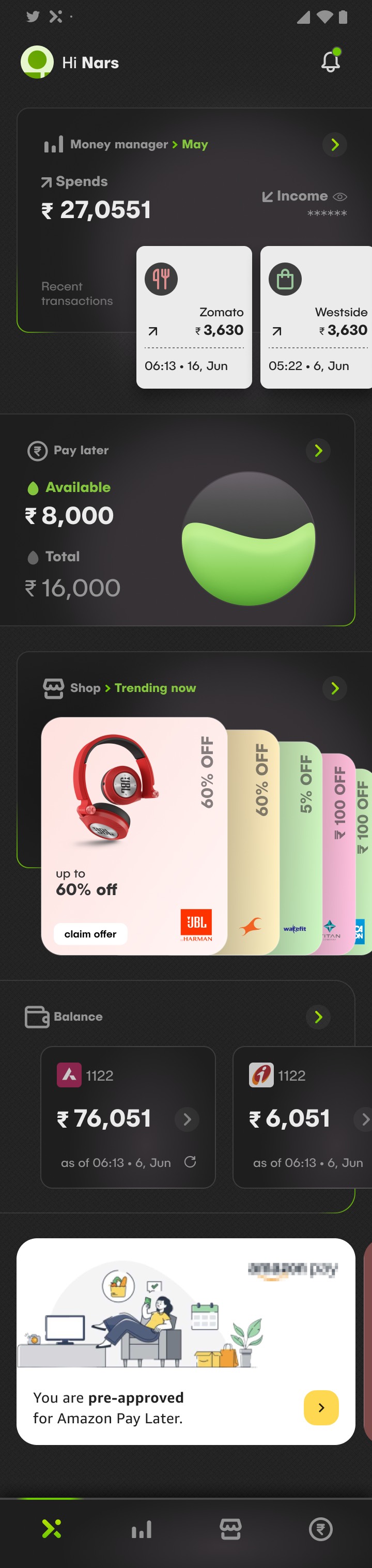 The Axio home screen after activation, showing monthly spend, available credit and recent purchases together.
