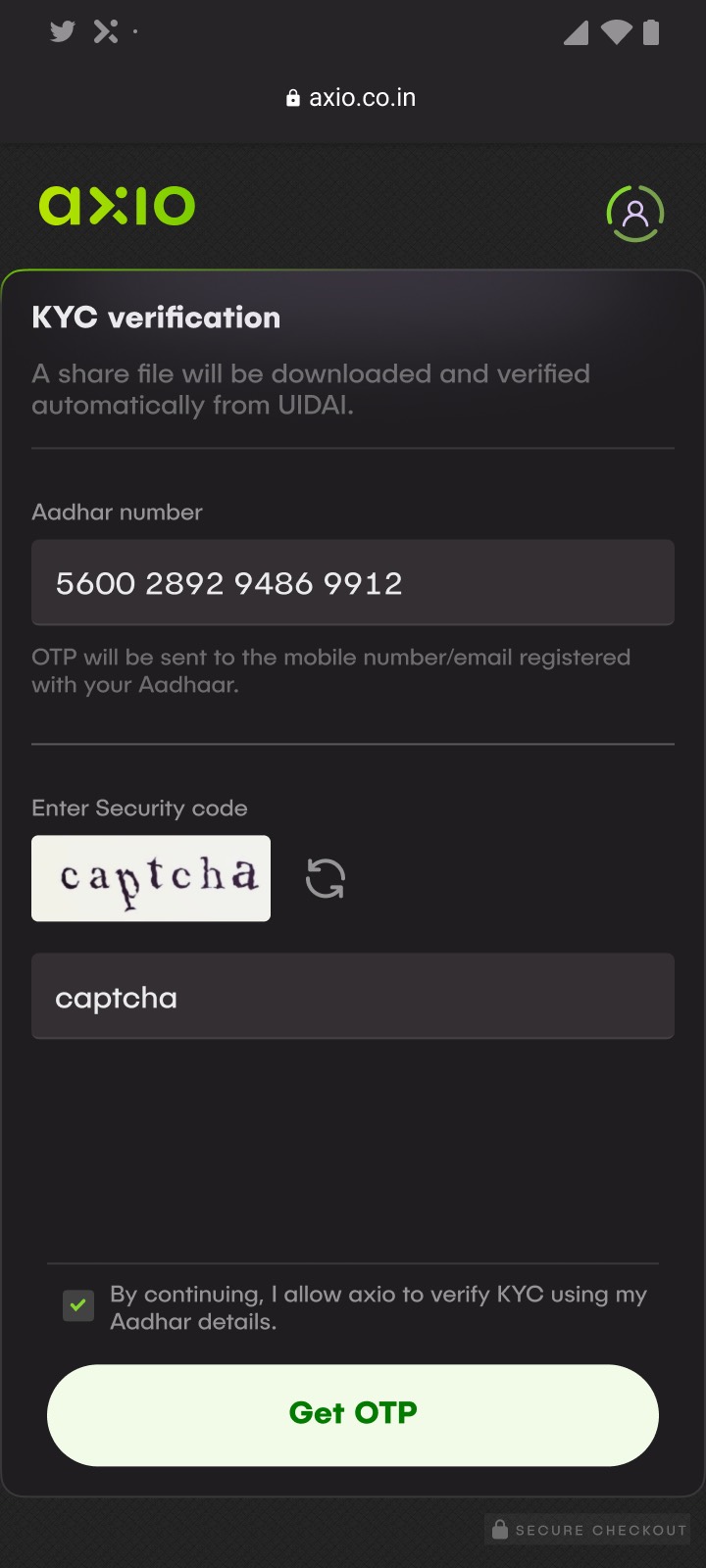 The Aadhaar based KYC verification screen with a security captcha.