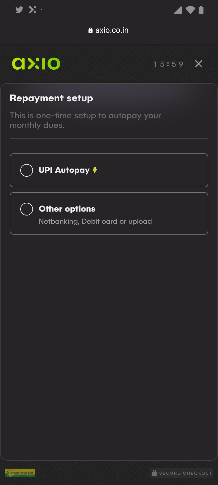 The repayment setup screen offering UPI autopay or other options.