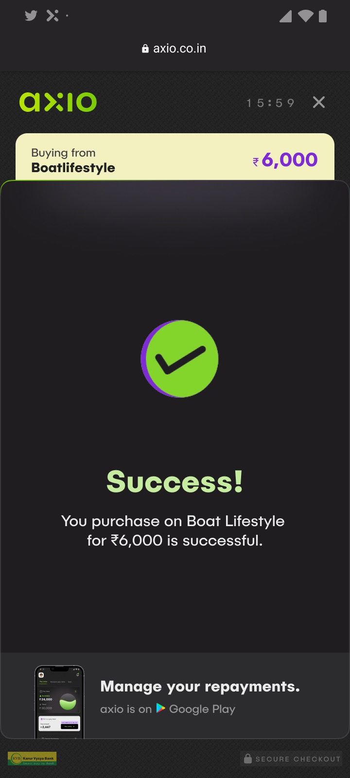 The success screen confirming a purchase of six thousand rupees.
