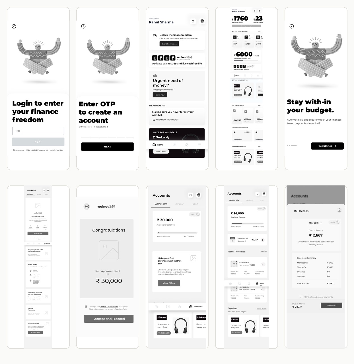 Ten low fidelity wireframes covering login through bill details.