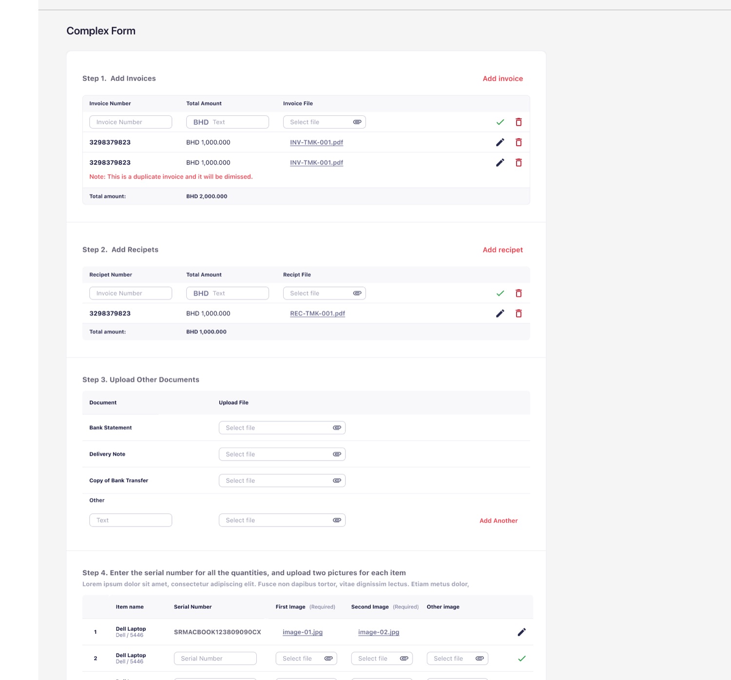 A multi step claim form with line item invoices and running totals.