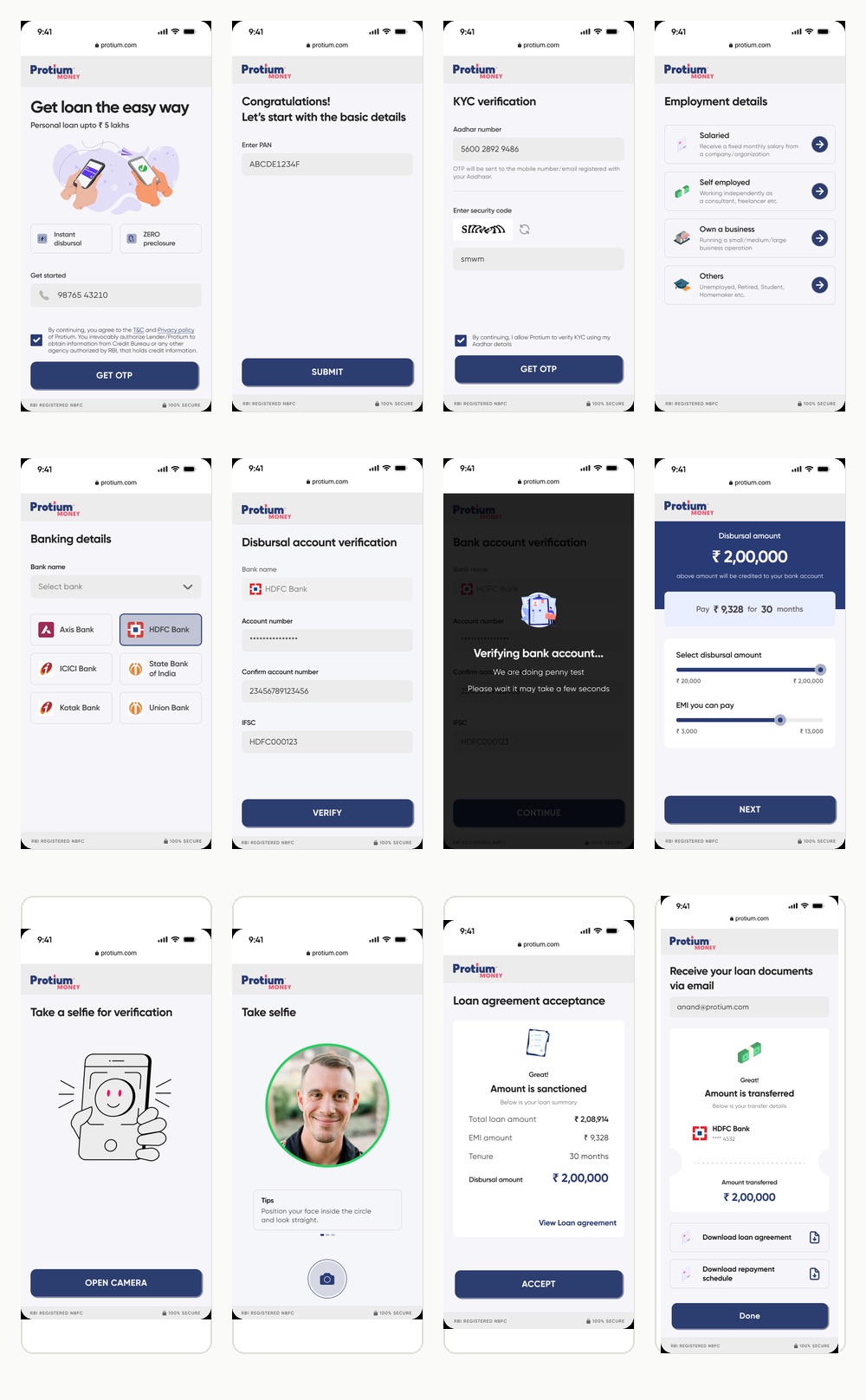 Twelve shipped screens from landing through transfer confirmation.