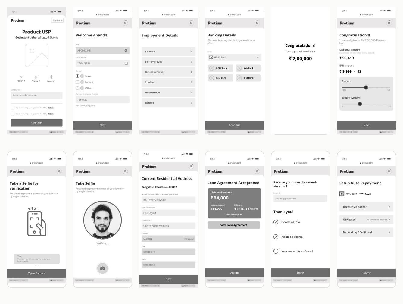 Twelve low fidelity wireframes covering the full loan application.