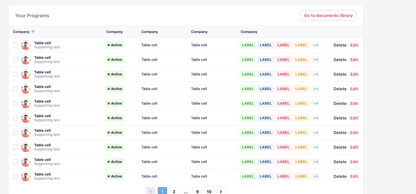 An applications table with row level status badges and bulk actions.