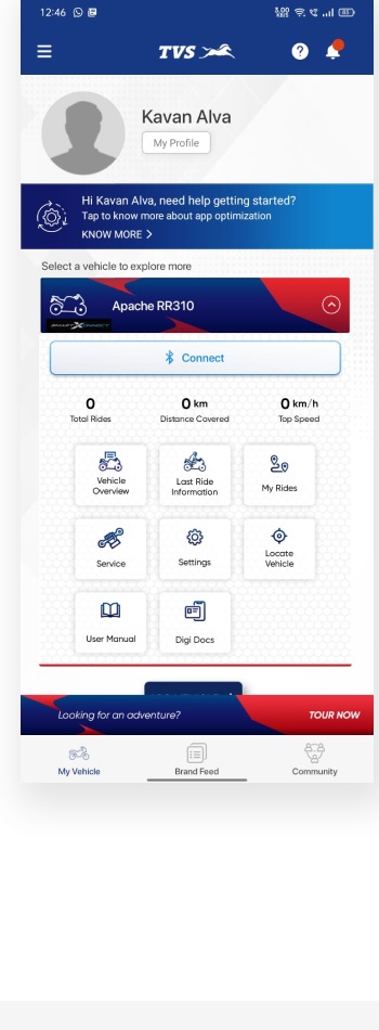 The live TVS Connect dashboard with a profile card and a grid of tiles.