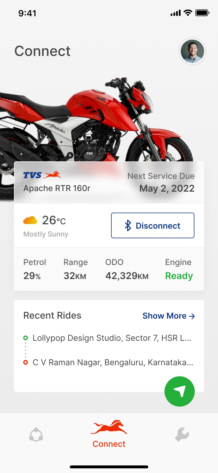 The home screen I proposed: the bike, its live status, and recent rides.