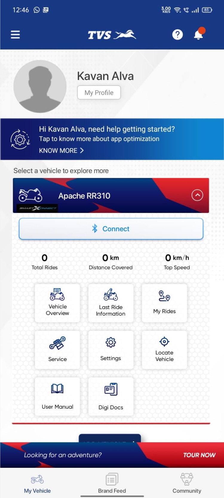The TVS Connect home screen as it shipped: a profile card, a help banner and a grid of twelve tiles.