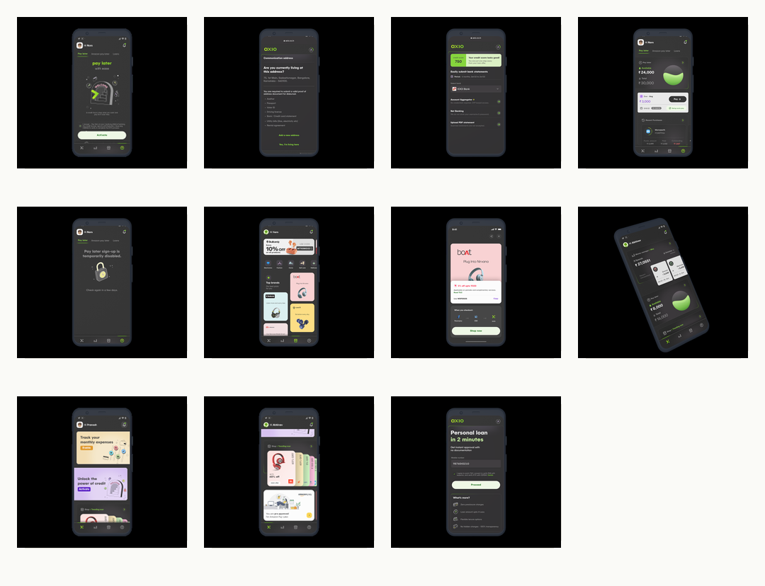 Axio final UI screens covering onboarding, dashboard, shop, and loan signup