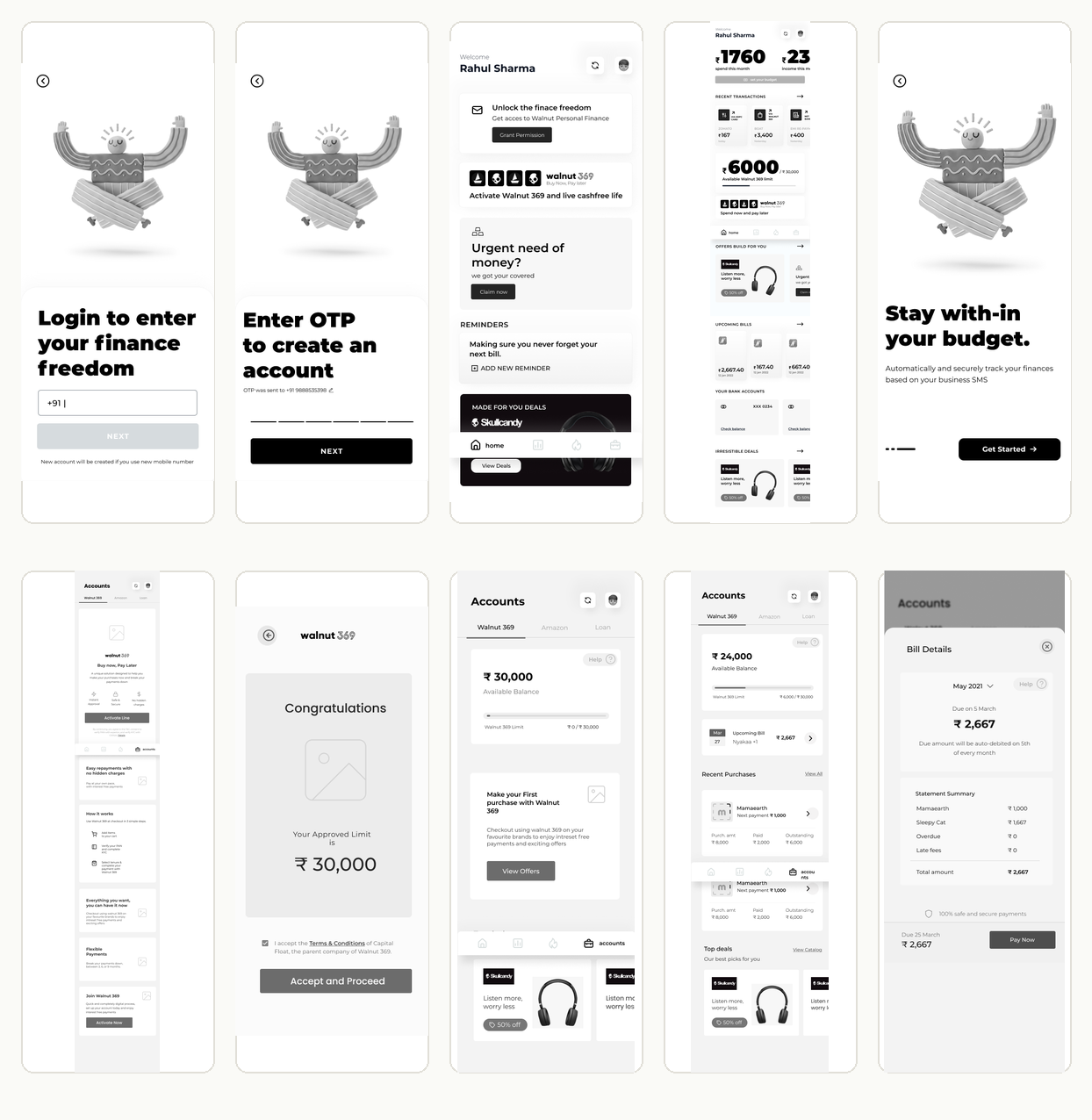 Axio wireframes covering login, home states, BNPL activation, and account dashboard