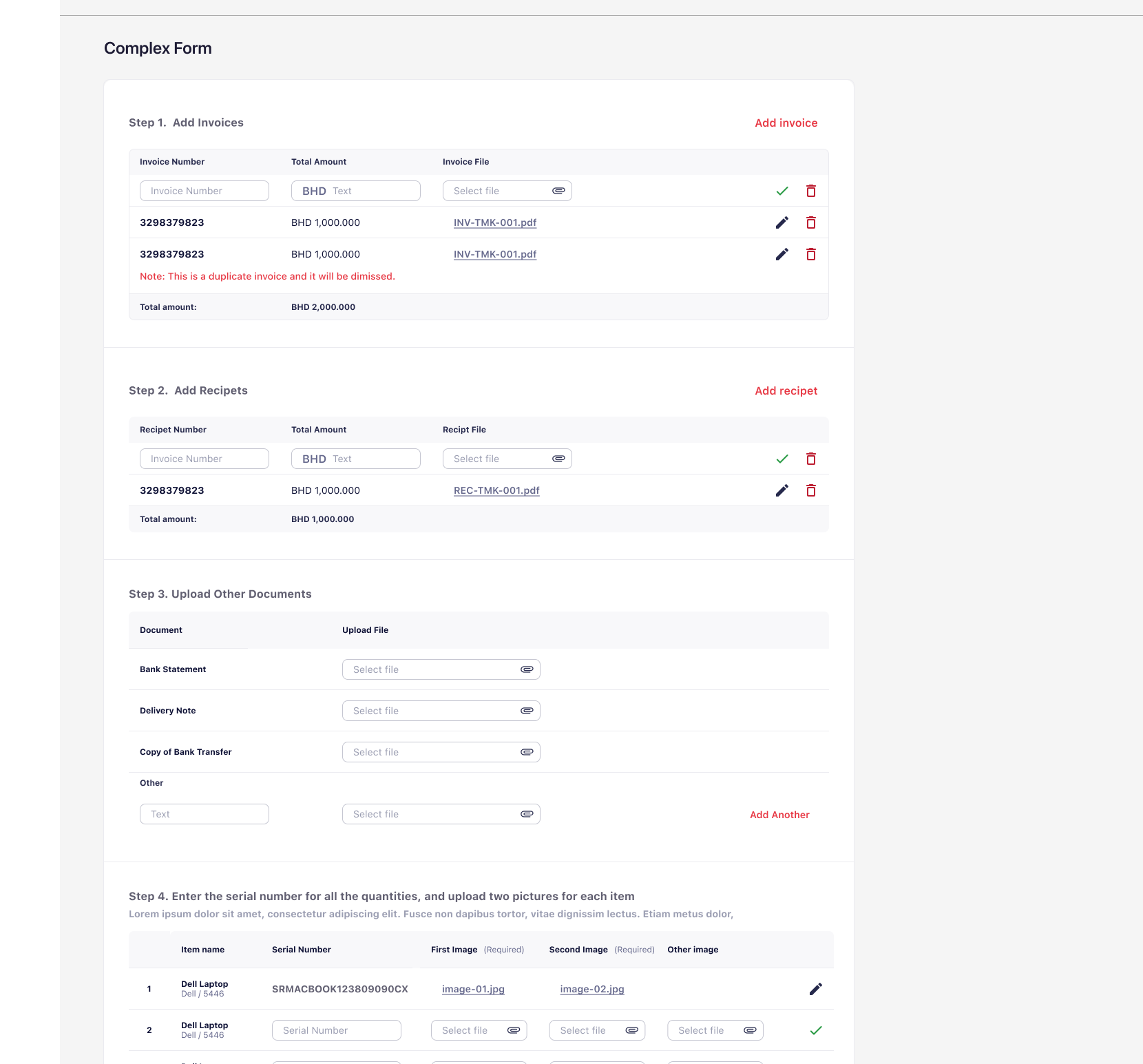 Complex multi-step form pattern: Add Invoices, Add Receipts, Upload Other Documents, and a serialized line-item table with per-row validation
