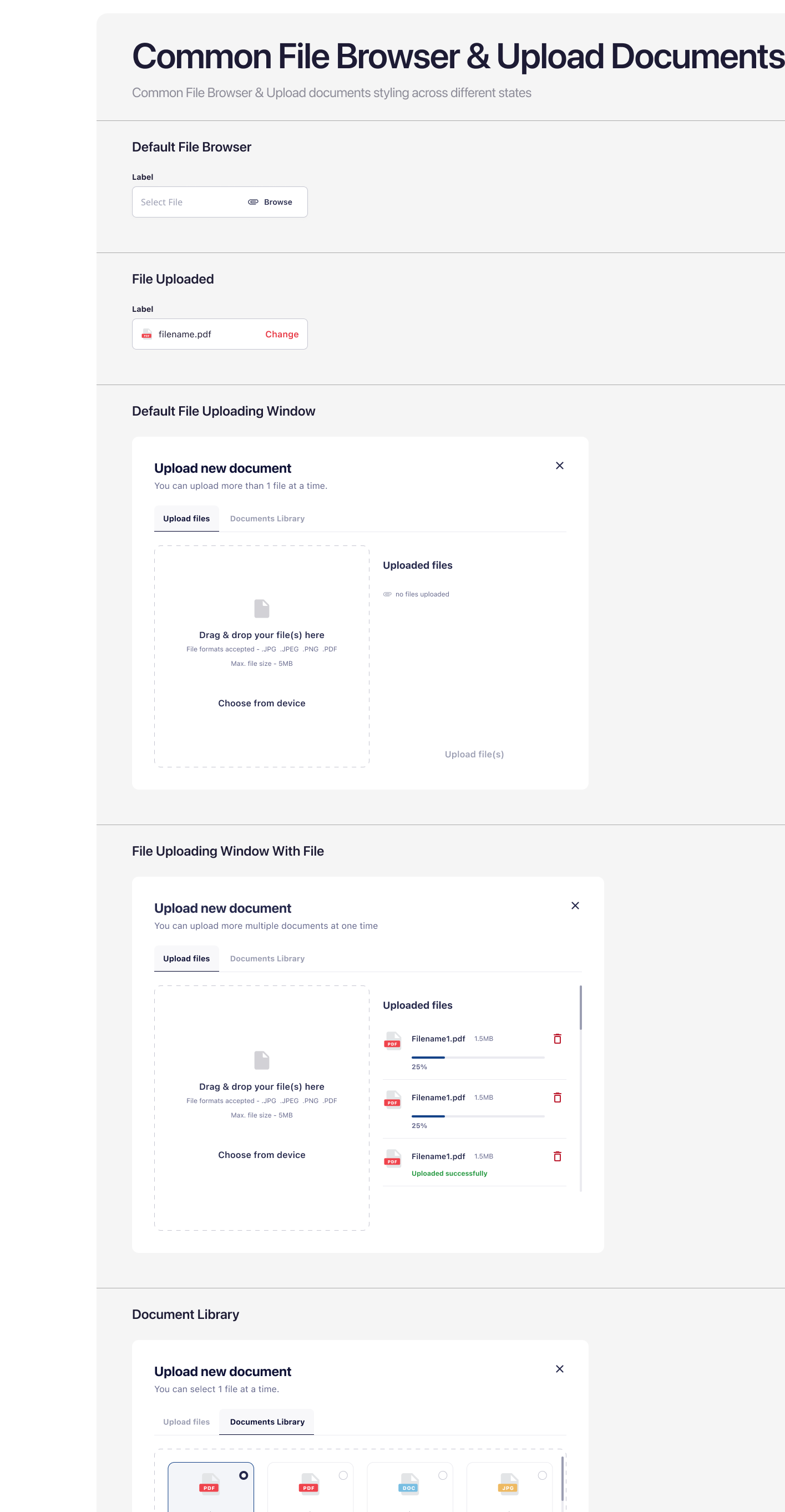 File upload pattern showing default drop zone, in-progress upload with percentage bars, and a document library grid for selecting previously uploaded files