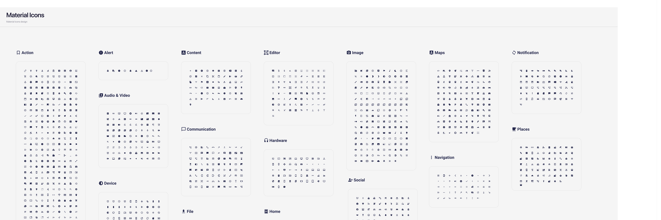 Material Symbols icon library organized by category: Action, Alert, Content, Editor, Image, Maps, Navigation, Notification, Places, Social, Hardware, File, Home, Toggle