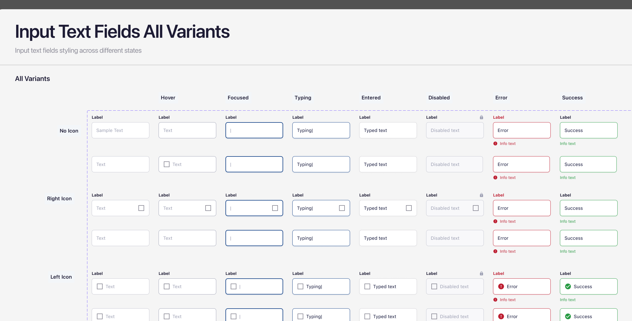 Input text field states matrix: hover, focused, typing, entered, disabled, error, success, across no-icon, right-icon, left-icon, mobile-number and button variants
