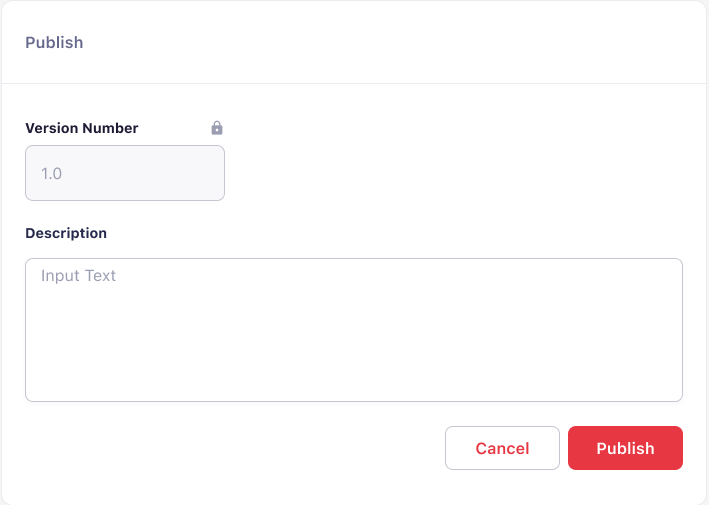 Publish modal with version number and description fields