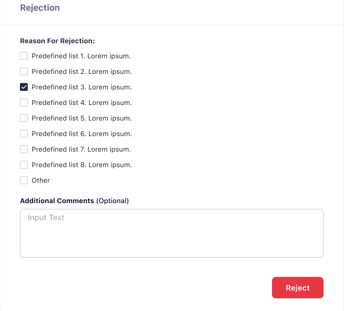 Rejection reason modal with predefined checkbox list and optional comments field