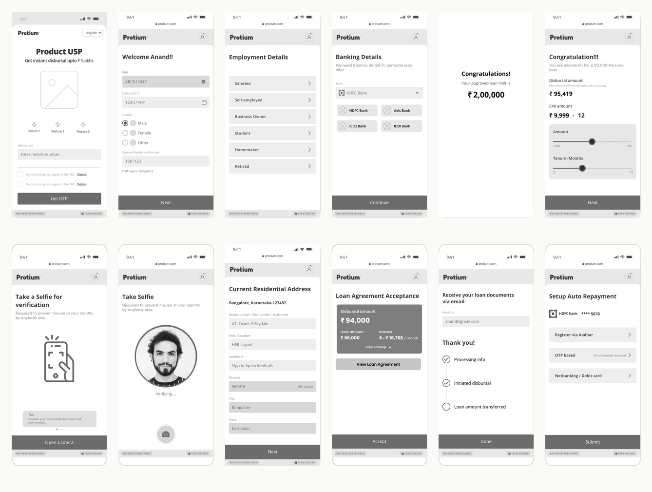 Protium loan flow wireframes covering all 12 steps