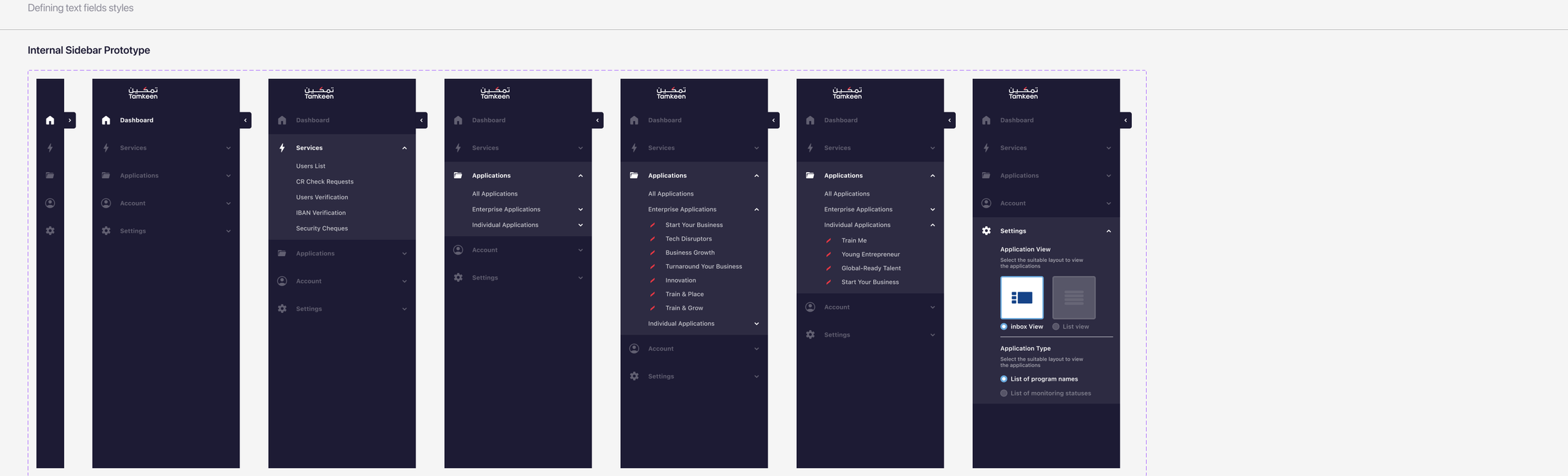 Internal sidebar progressive disclosure: collapsed icon rail through fully expanded Applications section with Individual and Enterprise sub-items