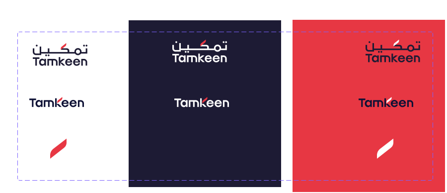 Tamkeen logo construction and clear space diagram across light, dark and coral backgrounds