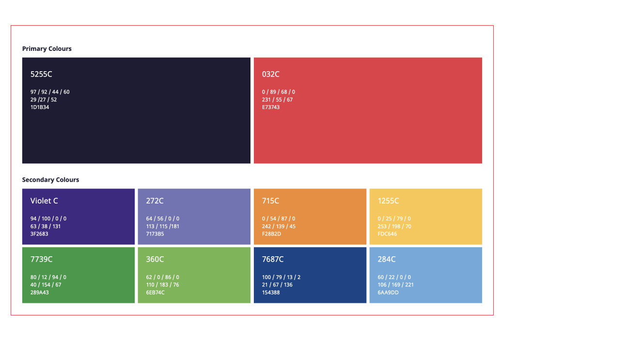 Tamkeen primary and secondary color specifications with Pantone, CMYK, RGB and hex values