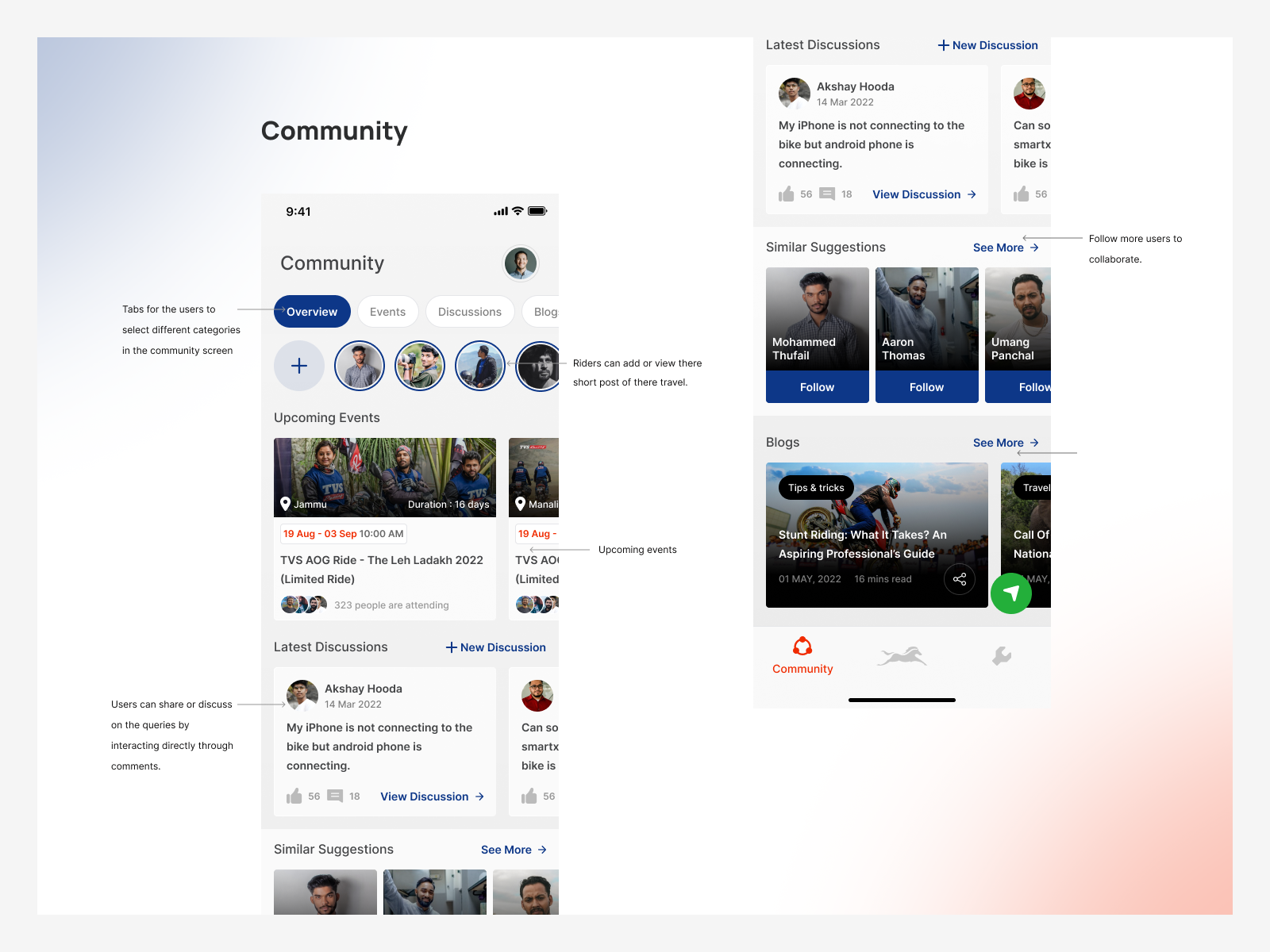 TVS Connect concept screen for the Community pillar with discussions, events and rider suggestions